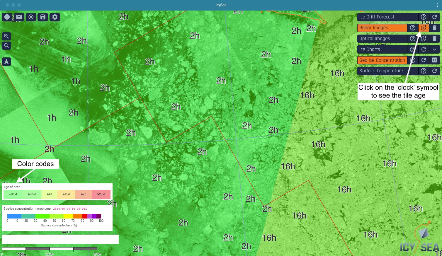 Radar image tiles with age colour codes