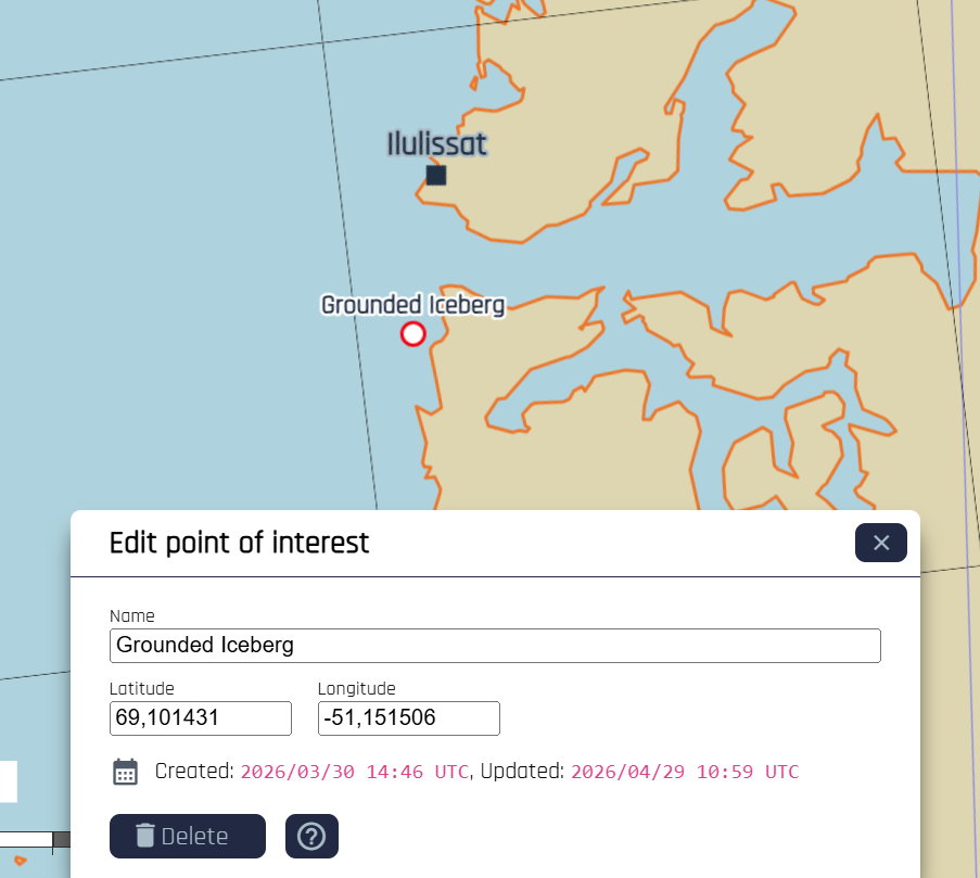 A selected POI with the edit dialog shown below.