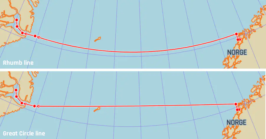 Comparison of a Rhumb line and a Great circle leg on the Polar Stereographic map.
