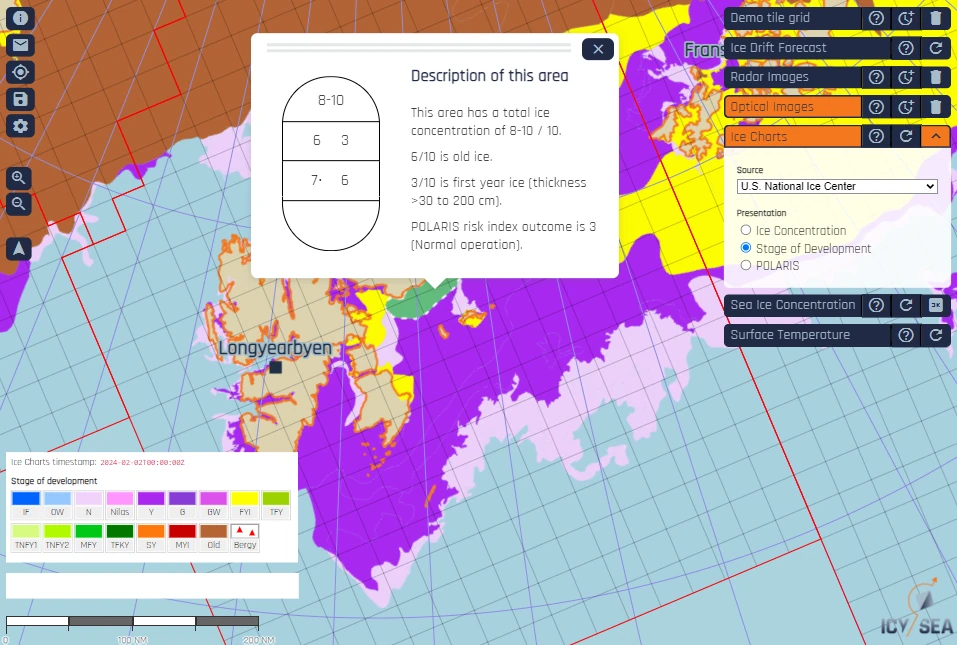 Stage of development ice chart in IcySea