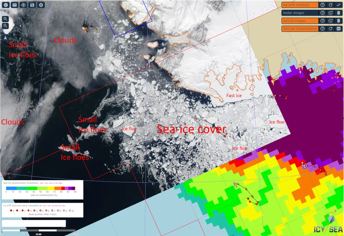 Modis images displayed in the IcySea app